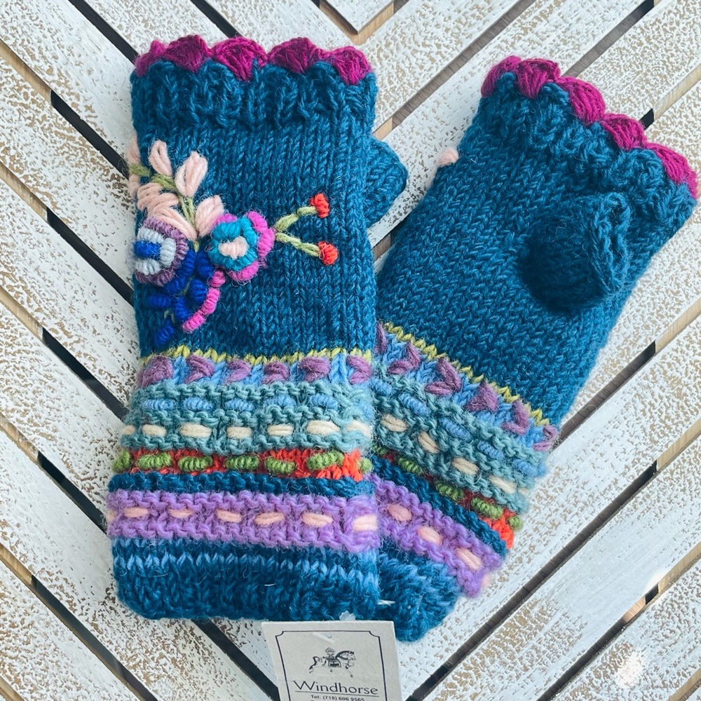 Windhorse Blue and Yellow Knit Fingerless Gloves Lined 100% Wool Nepal